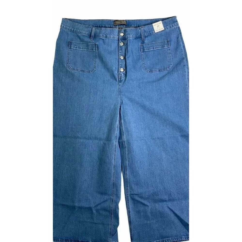 Point Sur Womens Wide Leg Cropped Jeans Blue‎ Pocke